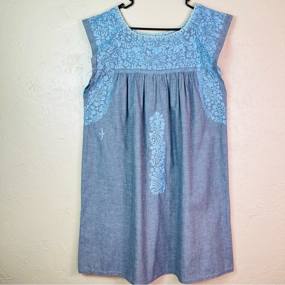 MI GOLODRINA FLORES SHIFT DRESS EMBROIDERED CHAMBRAY DENIM SIZE LARGE - Picture 7 of 8